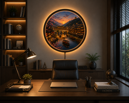Chinese Ancient Town LED Wall Art, Sunset Riverside Village, Round Acrylic Wall Light, Cherry Blossom Decor, Asian Landscape Lamp