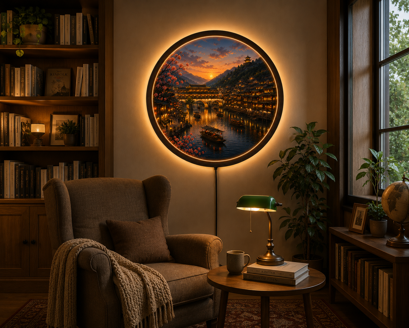 Chinese Ancient Town LED Wall Art, Sunset Riverside Village, Round Acrylic Wall Light, Cherry Blossom Decor, Asian Landscape Lamp