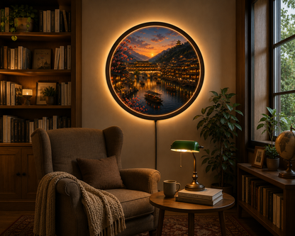 Chinese Ancient Town LED Wall Art, Sunset Riverside Village, Round Acrylic Wall Light, Cherry Blossom Decor, Asian Landscape Lamp