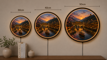 Chinese Ancient Town LED Wall Art, Sunset Riverside Village, Round Acrylic Wall Light, Cherry Blossom Decor, Asian Landscape Lamp