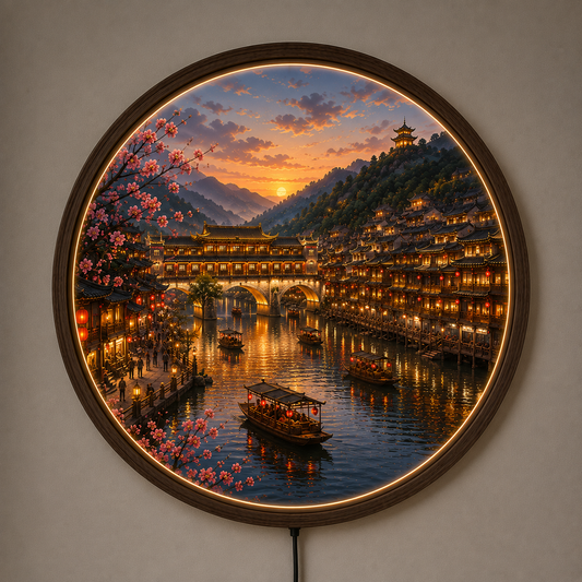 Chinese Ancient Town LED Wall Art, Sunset Riverside Village, Round Acrylic Wall Light, Cherry Blossom Decor, Asian Landscape Lamp