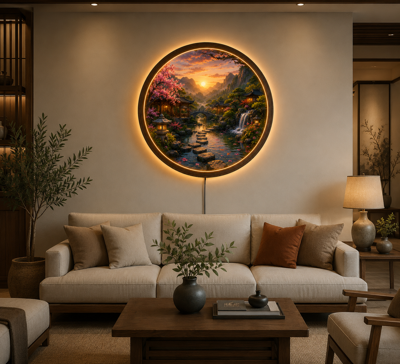 Japanese Garden LED Wall Art, Cherry Blossom Waterfall Landscape, Round Acrylic Wall Light, Zen Home Decor, Asian Nature Lamp