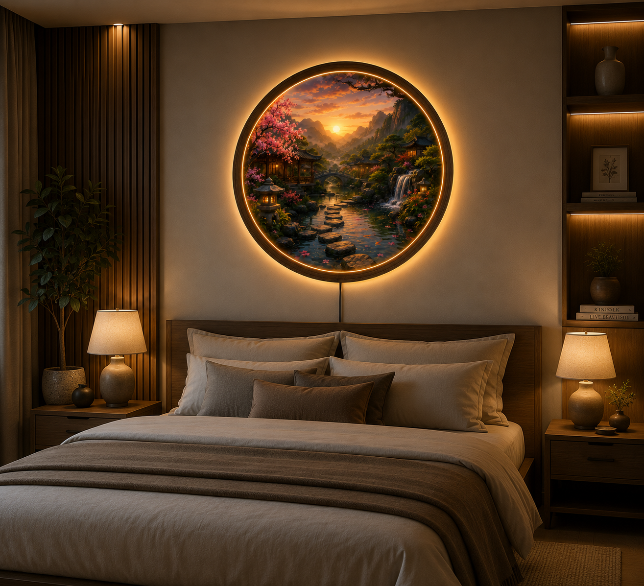 Japanese Garden LED Wall Art, Cherry Blossom Waterfall Landscape, Round Acrylic Wall Light, Zen Home Decor, Asian Nature Lamp