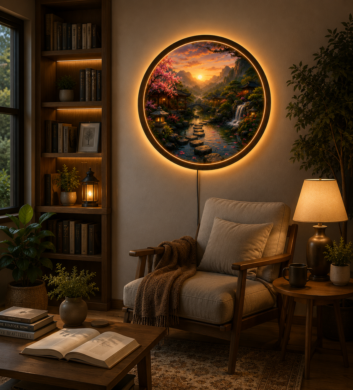 Japanese Garden LED Wall Art, Cherry Blossom Waterfall Landscape, Round Acrylic Wall Light, Zen Home Decor, Asian Nature Lamp
