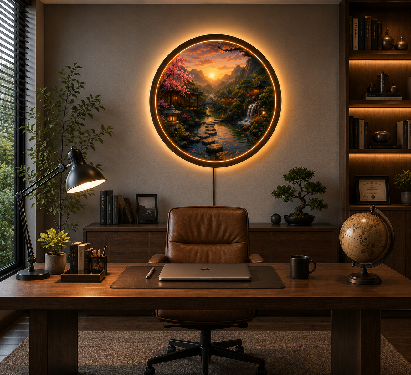 Japanese Garden LED Wall Art, Cherry Blossom Waterfall Landscape, Round Acrylic Wall Light, Zen Home Decor, Asian Nature Lamp