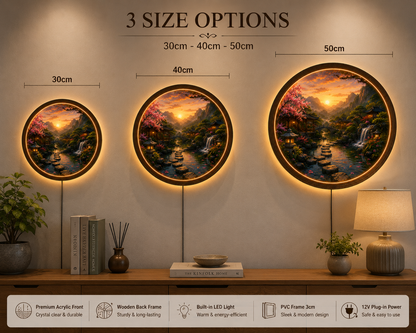 Japanese Garden LED Wall Art, Cherry Blossom Waterfall Landscape, Round Acrylic Wall Light, Zen Home Decor, Asian Nature Lamp