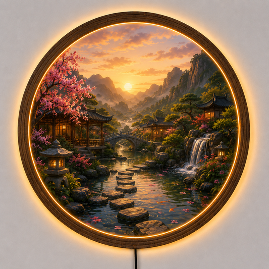 Japanese Garden LED Wall Art, Cherry Blossom Waterfall Landscape, Round Acrylic Wall Light, Zen Home Decor, Asian Nature Lamp