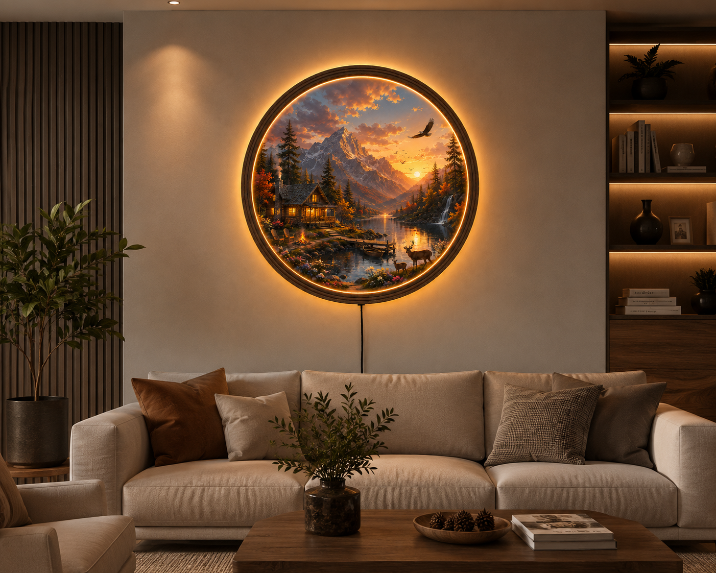 Mountain Cabin LED Wall Art, Sunset Lake Landscape, Round Acrylic Wall Light, Rustic Nature Decor, Woodland Cabin Lamp