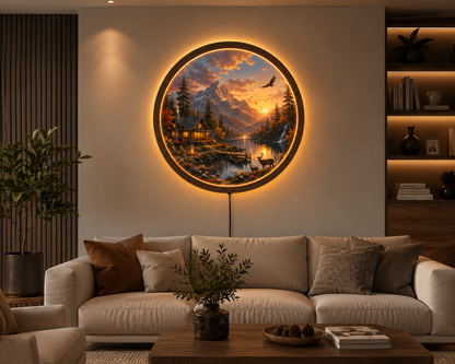 Mountain Cabin LED Wall Art, Sunset Lake Landscape, Round Acrylic Wall Light, Rustic Nature Decor, Woodland Cabin Lamp