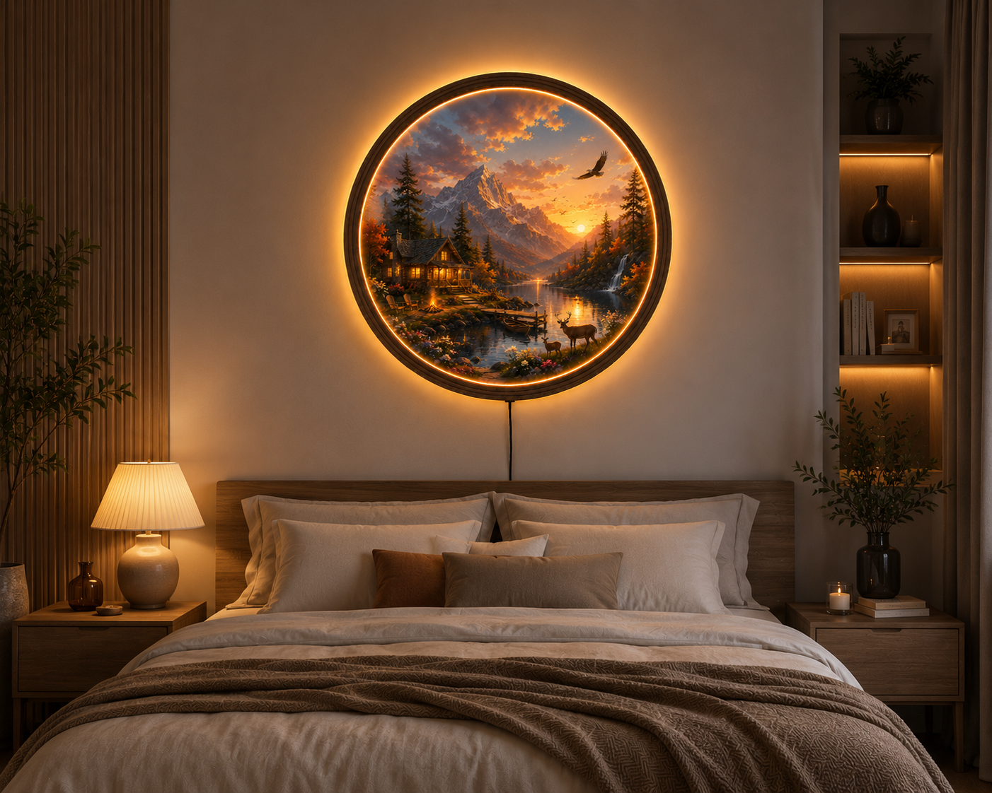 Mountain Cabin LED Wall Art, Sunset Lake Landscape, Round Acrylic Wall Light, Rustic Nature Decor, Woodland Cabin Lamp