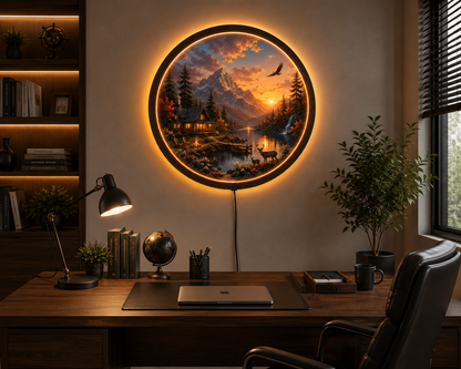 Mountain Cabin LED Wall Art, Sunset Lake Landscape, Round Acrylic Wall Light, Rustic Nature Decor, Woodland Cabin Lamp