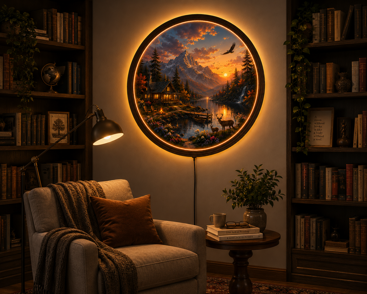 Mountain Cabin LED Wall Art, Sunset Lake Landscape, Round Acrylic Wall Light, Rustic Nature Decor, Woodland Cabin Lamp