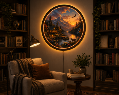 Mountain Cabin LED Wall Art, Sunset Lake Landscape, Round Acrylic Wall Light, Rustic Nature Decor, Woodland Cabin Lamp