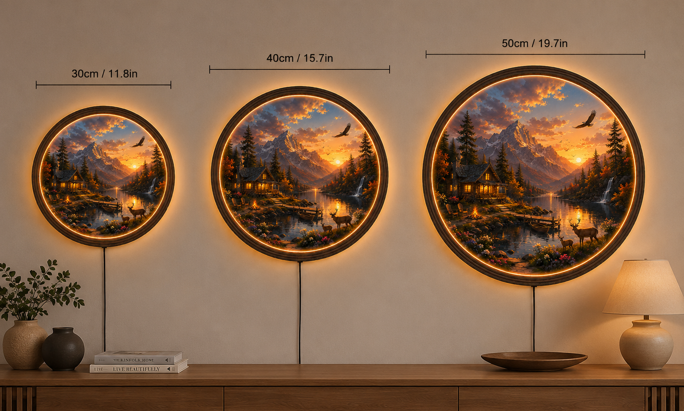 Mountain Cabin LED Wall Art, Sunset Lake Landscape, Round Acrylic Wall Light, Rustic Nature Decor, Woodland Cabin Lamp