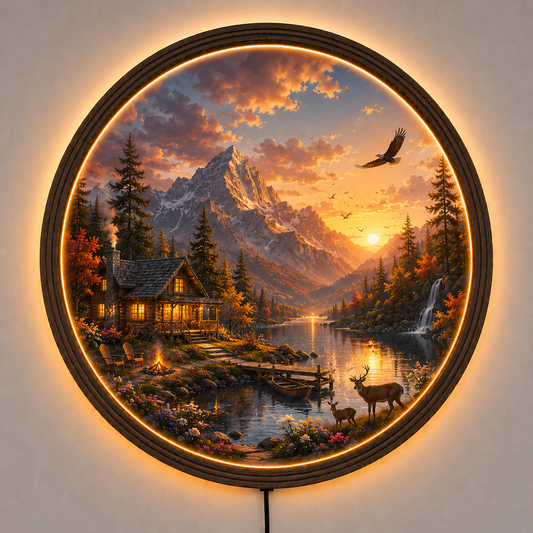 Mountain Cabin LED Wall Art, Sunset Lake Landscape, Round Acrylic Wall Light, Rustic Nature Decor, Woodland Cabin Lamp