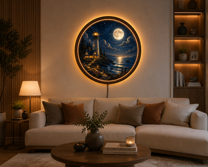 Moonlit Lighthouse LED Wall Art, Coastal Ocean Landscape, Round Acrylic Wall Light, Nautical Home Decor, Full Moon Lamp