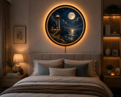 Moonlit Lighthouse LED Wall Art, Coastal Ocean Landscape, Round Acrylic Wall Light, Nautical Home Decor, Full Moon Lamp