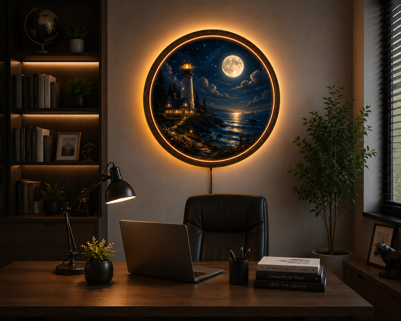 Moonlit Lighthouse LED Wall Art, Coastal Ocean Landscape, Round Acrylic Wall Light, Nautical Home Decor, Full Moon Lamp