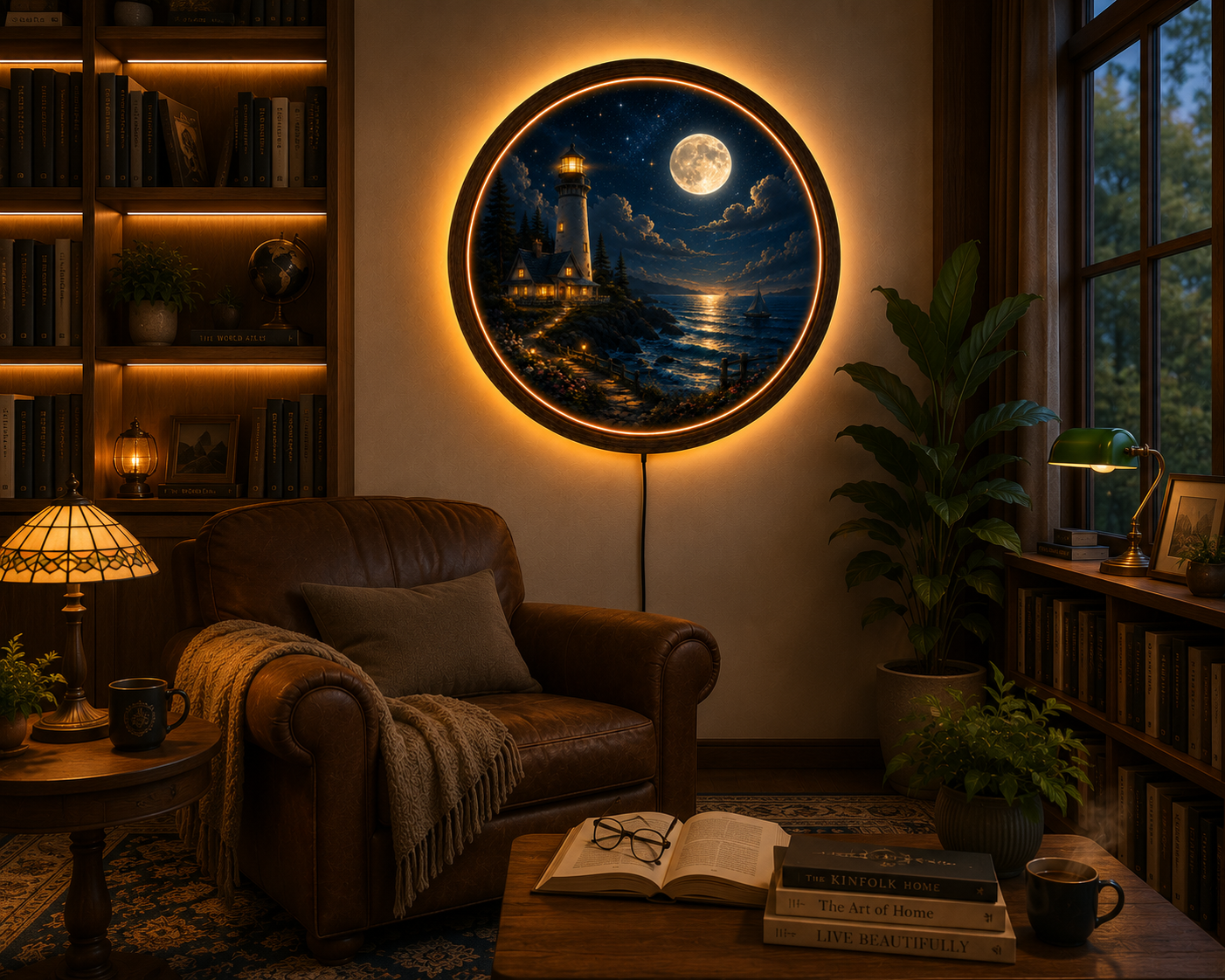 Moonlit Lighthouse LED Wall Art, Coastal Ocean Landscape, Round Acrylic Wall Light, Nautical Home Decor, Full Moon Lamp
