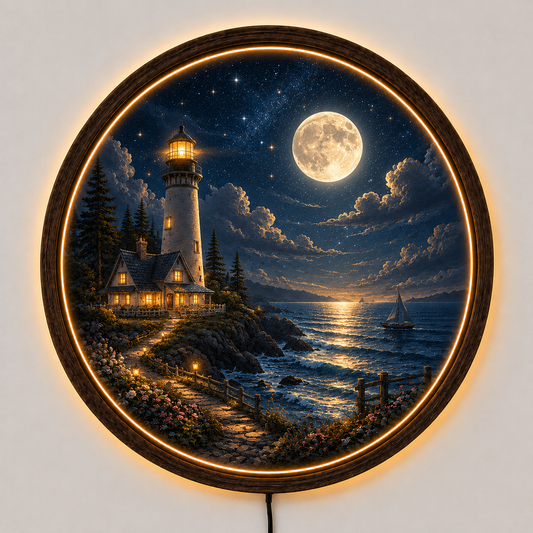 Moonlit Lighthouse LED Wall Art, Coastal Ocean Landscape, Round Acrylic Wall Light, Nautical Home Decor, Full Moon Lamp