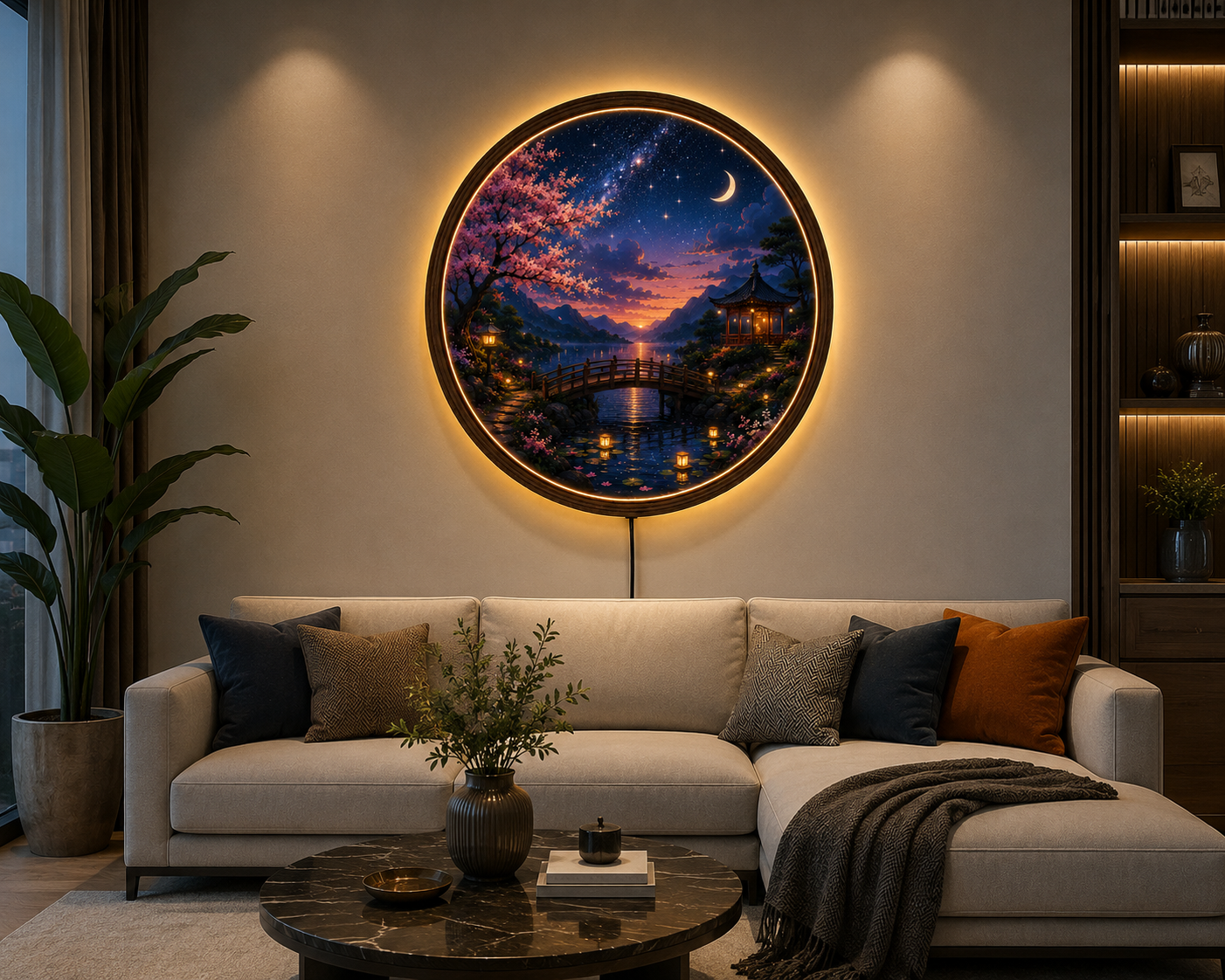 Japanese Cherry Blossom LED Wall Art, Moonlit Landscape Round Light, Sakura Acrylic Wall Decor, Zen Home Decor, Night Sky Lamp