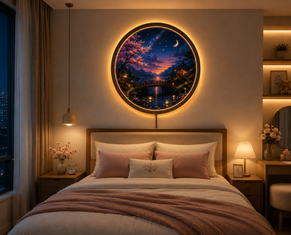 Japanese Cherry Blossom LED Wall Art, Moonlit Landscape Round Light, Sakura Acrylic Wall Decor, Zen Home Decor, Night Sky Lamp