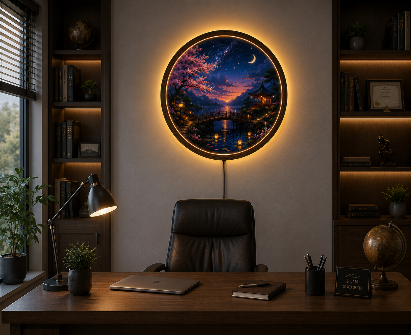 Japanese Cherry Blossom LED Wall Art, Moonlit Landscape Round Light, Sakura Acrylic Wall Decor, Zen Home Decor, Night Sky Lamp