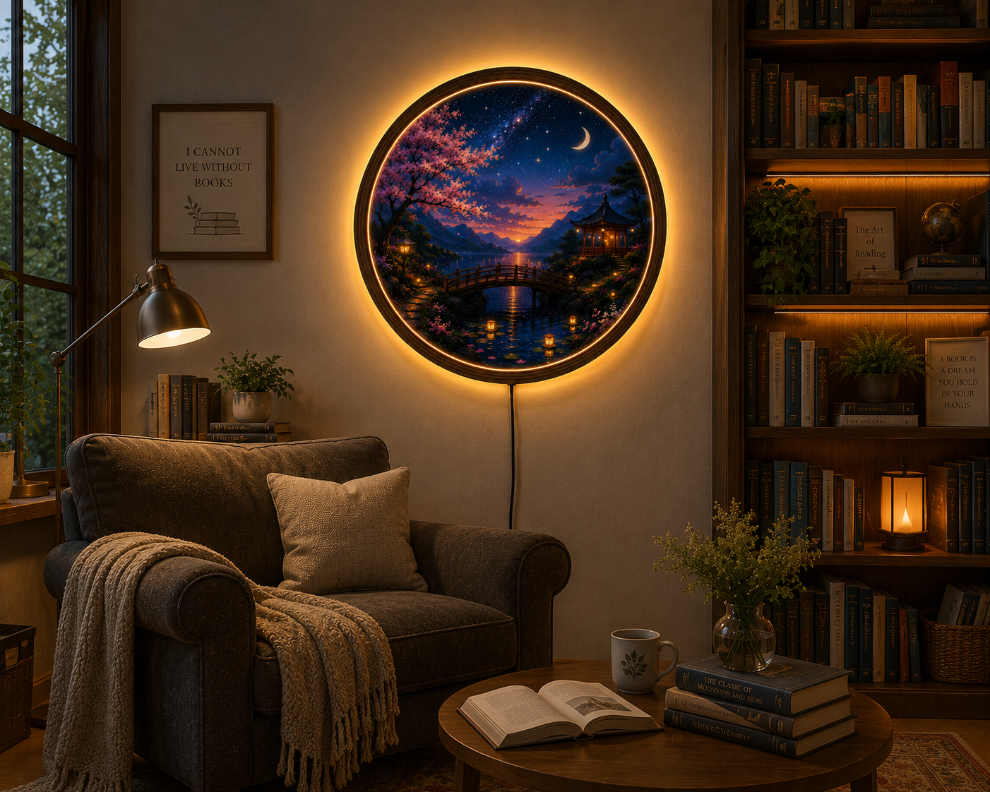 Japanese Cherry Blossom LED Wall Art, Moonlit Landscape Round Light, Sakura Acrylic Wall Decor, Zen Home Decor, Night Sky Lamp