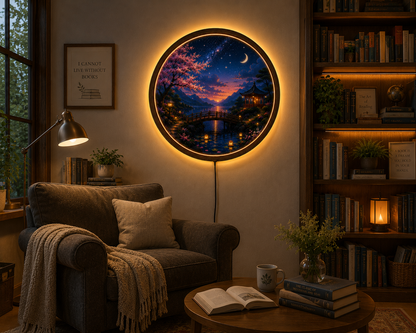 Japanese Cherry Blossom LED Wall Art, Moonlit Landscape Round Light, Sakura Acrylic Wall Decor, Zen Home Decor, Night Sky Lamp