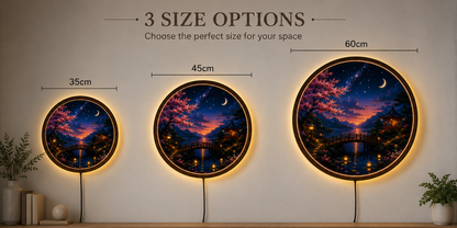 Japanese Cherry Blossom LED Wall Art, Moonlit Landscape Round Light, Sakura Acrylic Wall Decor, Zen Home Decor, Night Sky Lamp