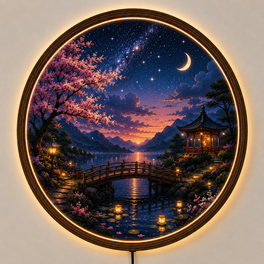 Japanese Cherry Blossom LED Wall Art, Moonlit Landscape Round Light, Sakura Acrylic Wall Decor, Zen Home Decor, Night Sky Lamp