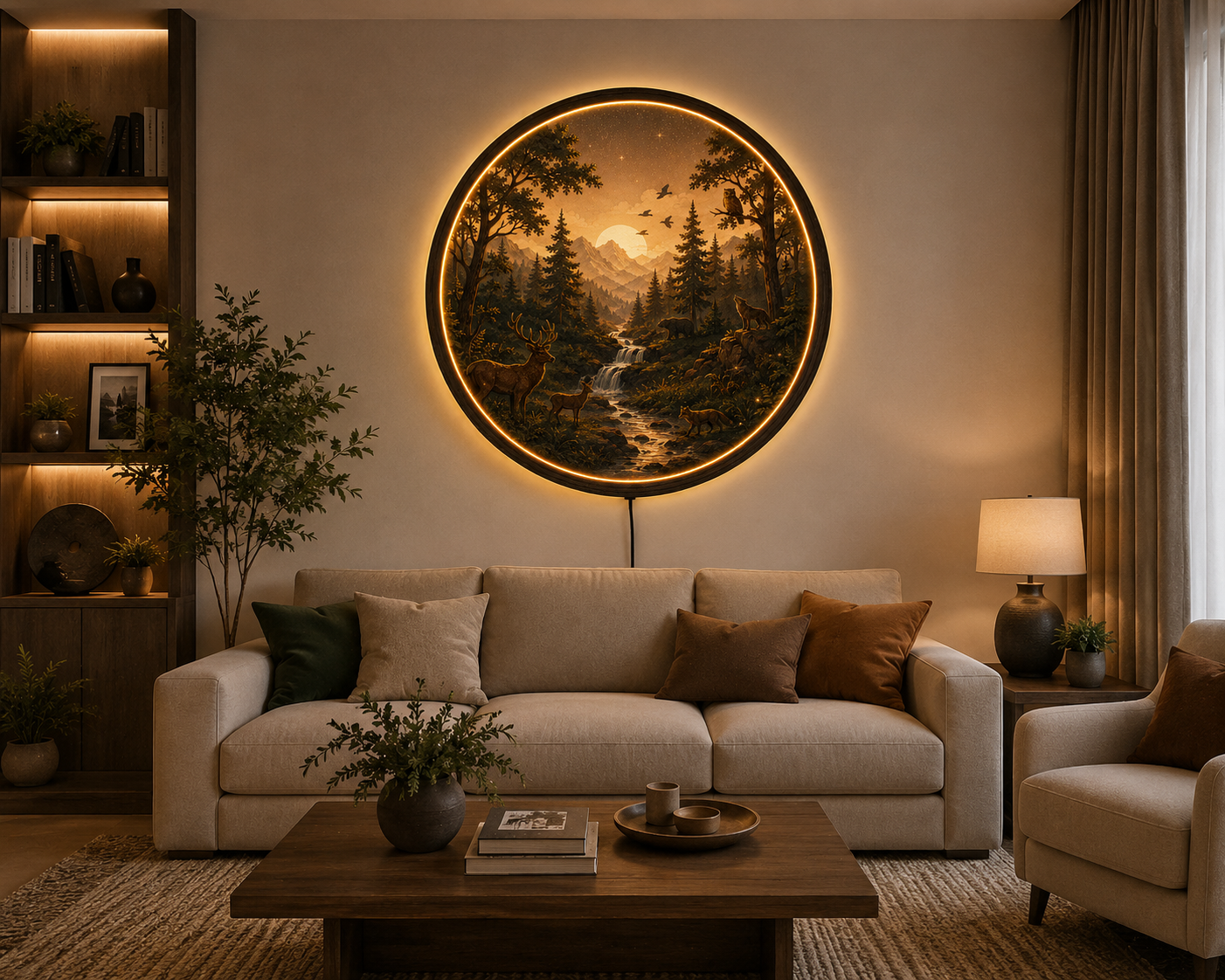 Rustic Forest LED Wall Art, Mountain Landscape Lighted Wall Decor, Deer Wolf Bear Nature Scene, Woodland Cabin Decor, Round LED Wall Hanging