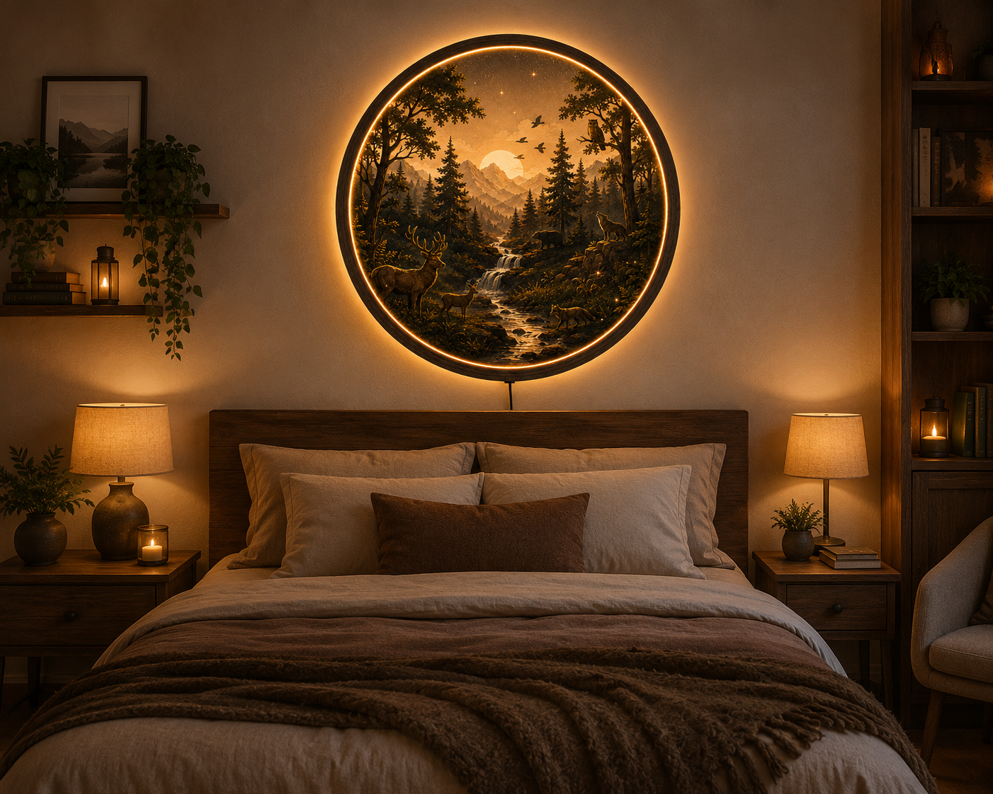 Rustic Forest LED Wall Art, Mountain Landscape Lighted Wall Decor, Deer Wolf Bear Nature Scene, Woodland Cabin Decor, Round LED Wall Hanging