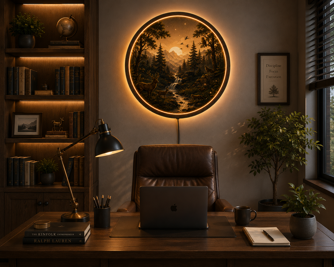 Rustic Forest LED Wall Art, Mountain Landscape Lighted Wall Decor, Deer Wolf Bear Nature Scene, Woodland Cabin Decor, Round LED Wall Hanging