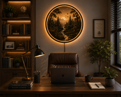 Rustic Forest LED Wall Art, Mountain Landscape Lighted Wall Decor, Deer Wolf Bear Nature Scene, Woodland Cabin Decor, Round LED Wall Hanging