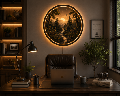 Rustic Forest LED Wall Art, Mountain Landscape Lighted Wall Decor, Deer Wolf Bear Nature Scene, Woodland Cabin Decor, Round LED Wall Hanging
