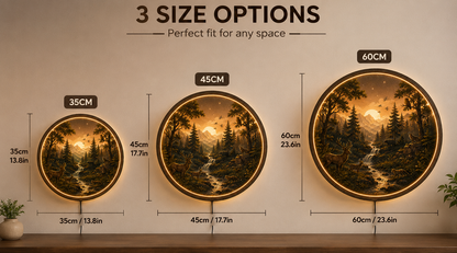 Rustic Forest LED Wall Art, Mountain Landscape Lighted Wall Decor, Deer Wolf Bear Nature Scene, Woodland Cabin Decor, Round LED Wall Hanging