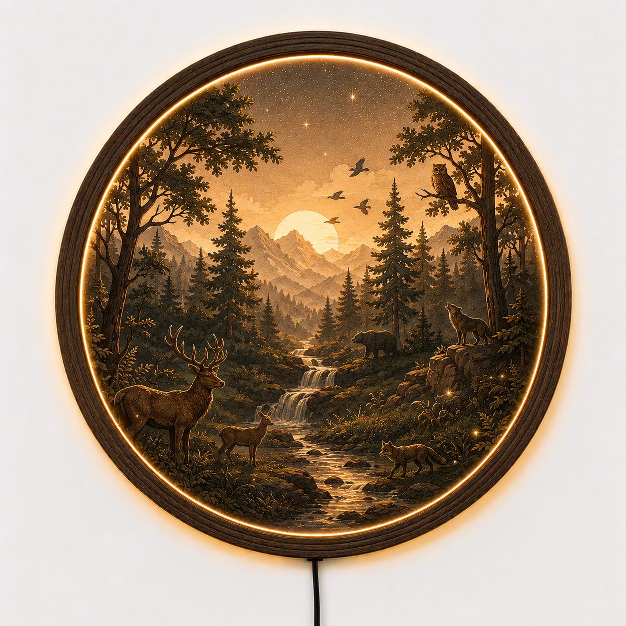 Rustic Forest LED Wall Art, Mountain Landscape Lighted Wall Decor, Deer Wolf Bear Nature Scene, Woodland Cabin Decor, Round LED Wall Hanging