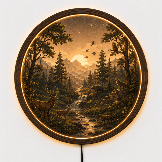Rustic Forest LED Wall Art, Mountain Landscape Lighted Wall Decor, Deer Wolf Bear Nature Scene, Woodland Cabin Decor, Round LED Wall Hanging
