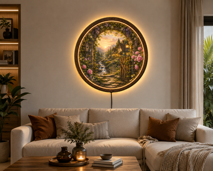 Cottage Garden LED Wall Art, Round Floral Landscape Lighted Wall Decor, Rustic Cottagecore Home Decor, Mountain Sunset Wall Hanging