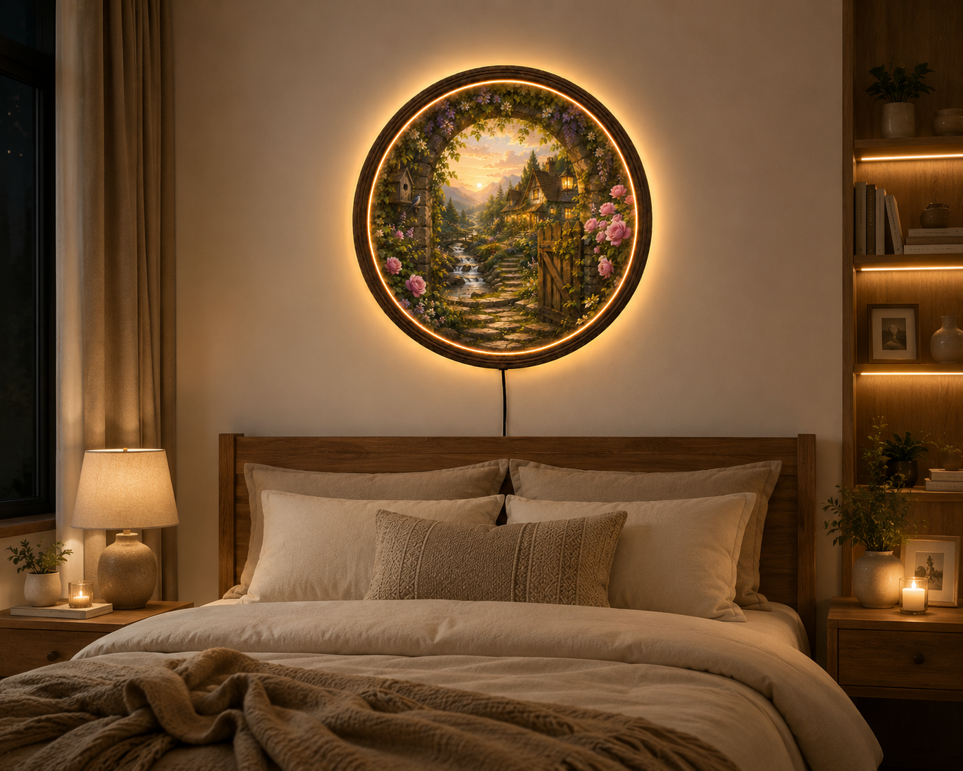 Cottage Garden LED Wall Art, Round Floral Landscape Lighted Wall Decor, Rustic Cottagecore Home Decor, Mountain Sunset Wall Hanging