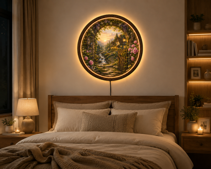 Cottage Garden LED Wall Art, Round Floral Landscape Lighted Wall Decor, Rustic Cottagecore Home Decor, Mountain Sunset Wall Hanging