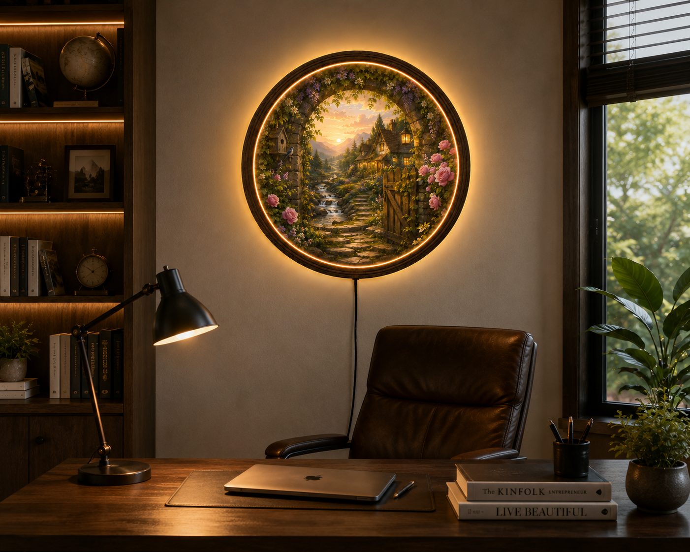 Cottage Garden LED Wall Art, Round Floral Landscape Lighted Wall Decor, Rustic Cottagecore Home Decor, Mountain Sunset Wall Hanging