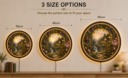 Cottage Garden LED Wall Art, Round Floral Landscape Lighted Wall Decor, Rustic Cottagecore Home Decor, Mountain Sunset Wall Hanging
