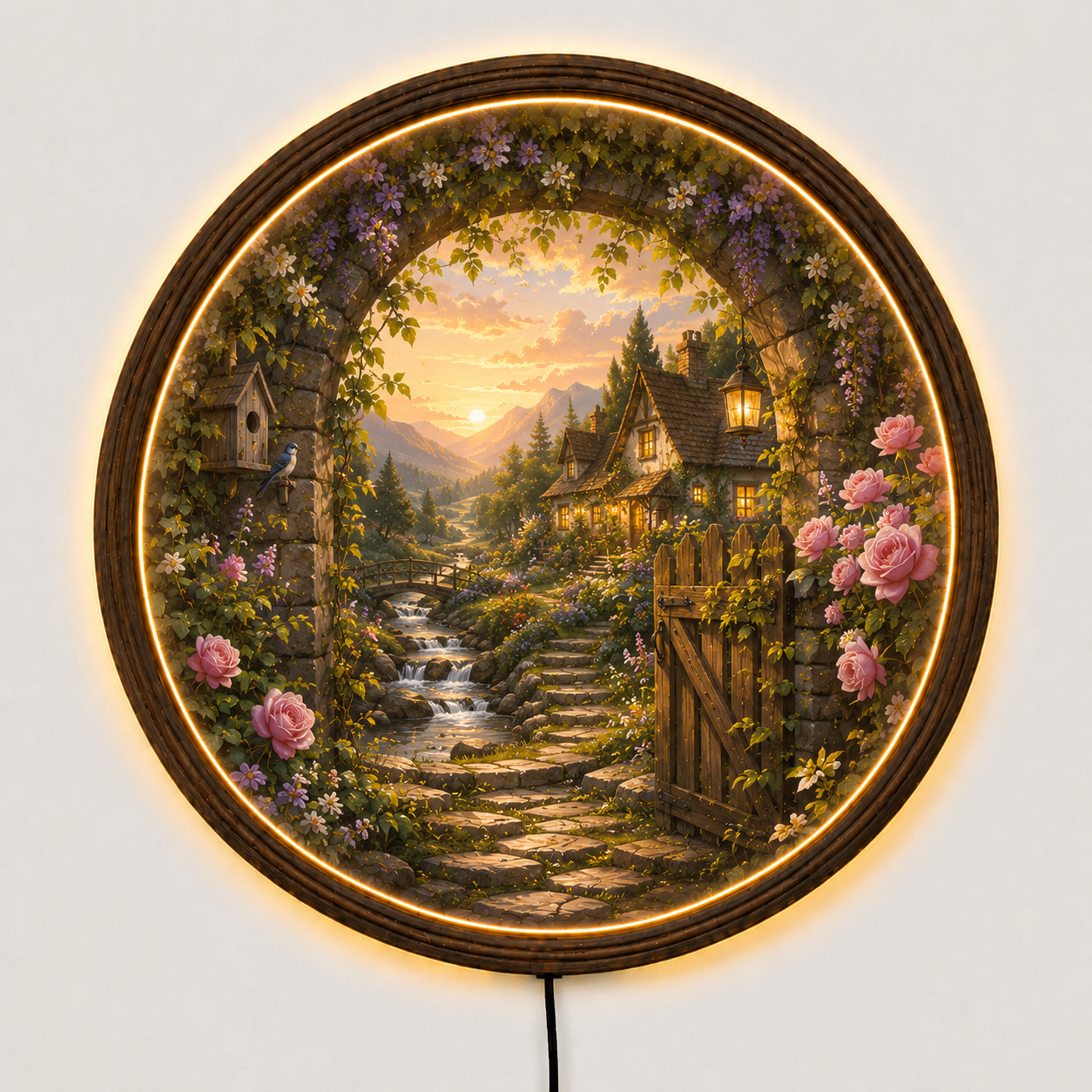 Cottage Garden LED Wall Art, Round Floral Landscape Lighted Wall Decor, Rustic Cottagecore Home Decor, Mountain Sunset Wall Hanging