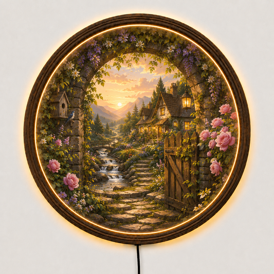 Cottage Garden LED Wall Art, Round Floral Landscape Lighted Wall Decor, Rustic Cottagecore Home Decor, Mountain Sunset Wall Hanging