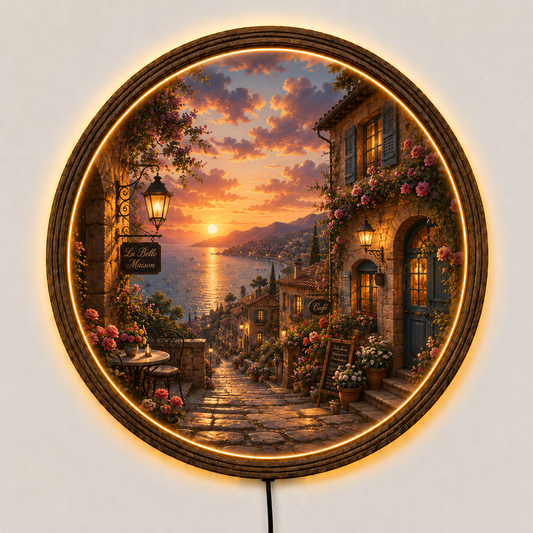 Mediterranean Village LED Wall Art, Coastal Sunset Lighted Wall Decor, Rustic European Street Scene, Round Cottage Wall Hanging