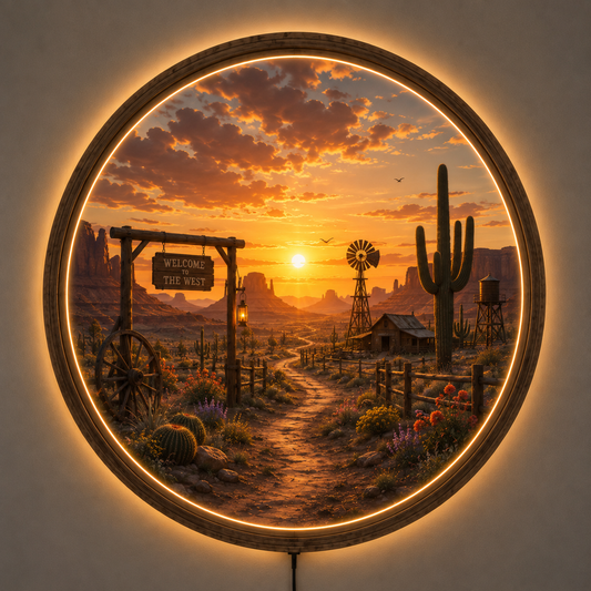 Western Desert LED Wall Art, Cowboy Ranch Sunset Wall Decor, Southwestern Landscape, Round Lighted Wall Hanging, Rustic Home Decor