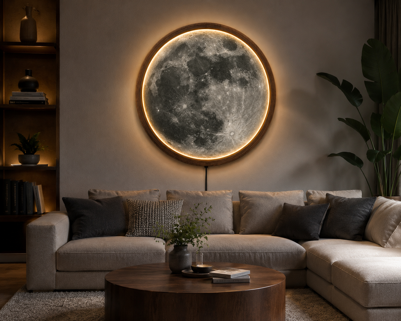 Moon LED Wall Art, Full Moon Lighted Wall Decor, Round Lunar Wall Lamp, Wooden Frame Celestial Wall Hanging, Bedroom Living Room Decor
