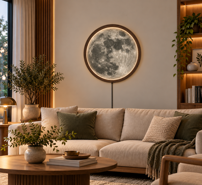 Moon LED Wall Art, Full Moon Lighted Wall Decor, Round Lunar Wall Lamp, Wooden Frame Celestial Wall Hanging, Bedroom Living Room Decor